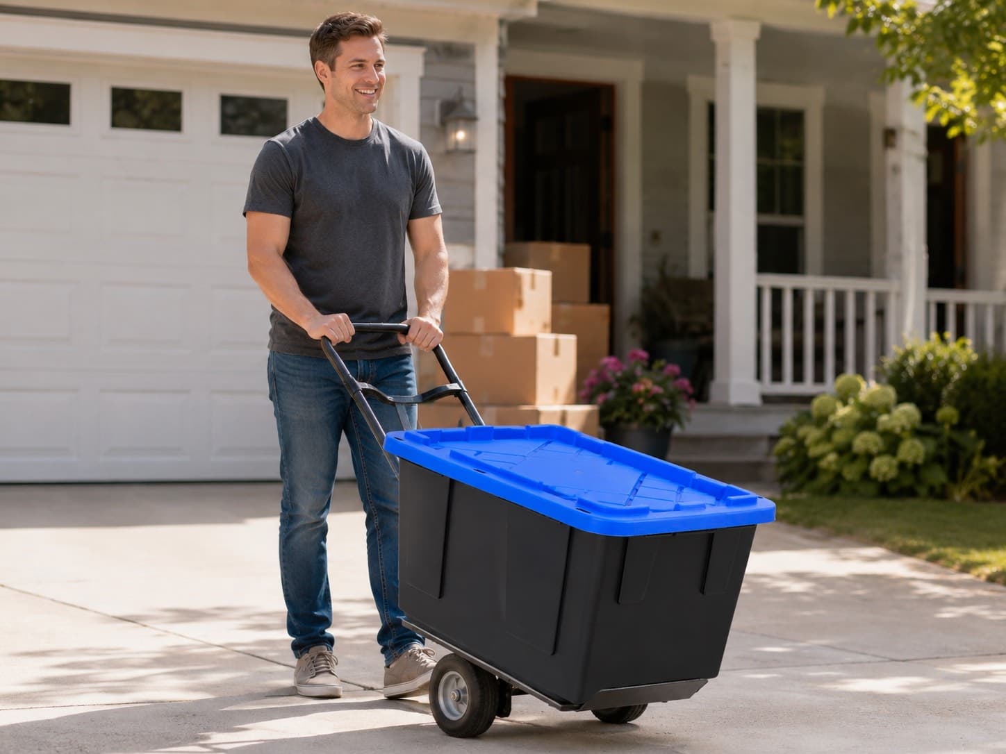 A packed black moving tote with its royal blue lid on, being wheeled up a driveway on a dolly