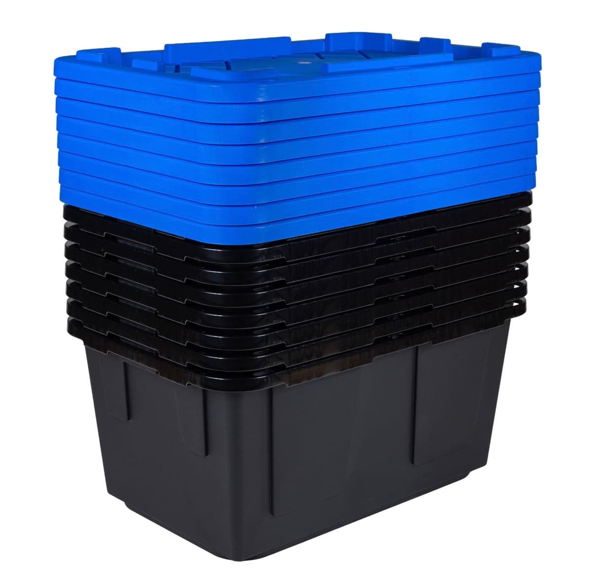 A tall stack of nested black moving totes with royal blue lids, as delivered