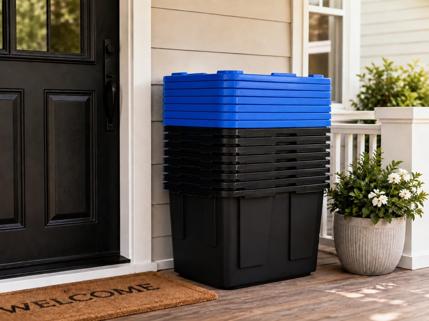 A stack of nested black moving totes with royal blue lids waiting on a front porch beside the door